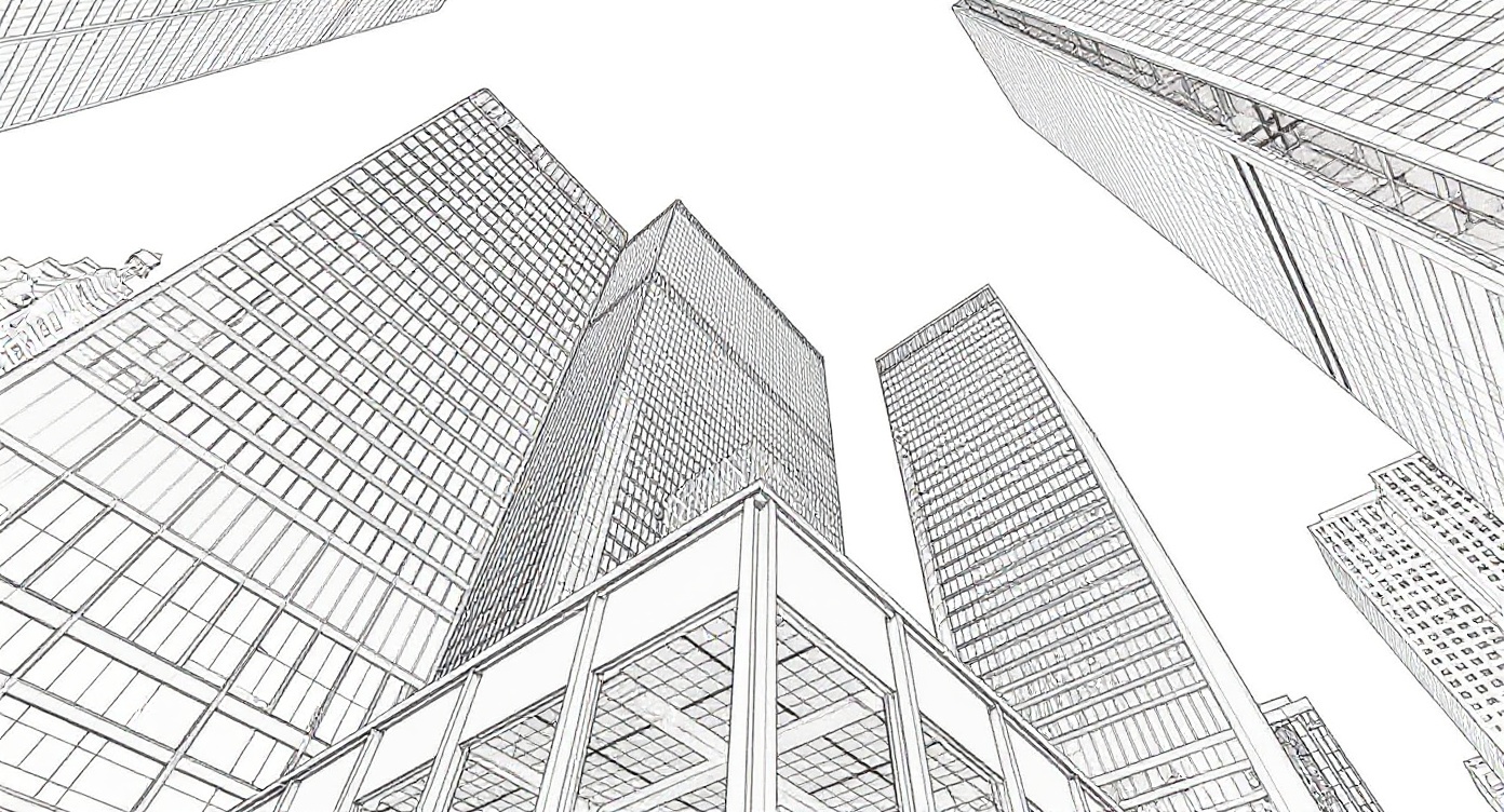 Modern building converted into an architectural sketch rendering after