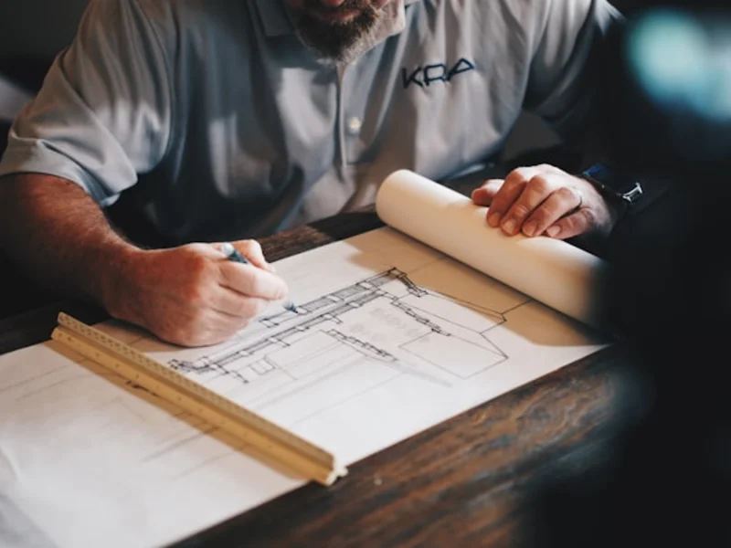 Architect reviewing architectural sketches on a workspace tablet